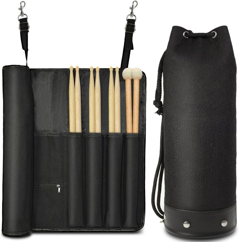 FEILOONG Drum Stick Bag and Holder, Crossbody Shoulder Strap Portable Drumstick Bag 1 Storage Bags and 1 Holder Kit Gifts for Drummers, Beginners, Black - Image 1